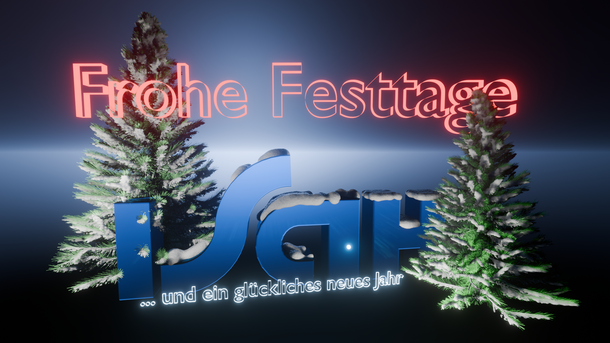 ISAH-Logo und der Schriftzug "Frohe Festtage" mit zwei Bäumen, die ein festliches und natürliches Thema in einem bunten Format darstellen.